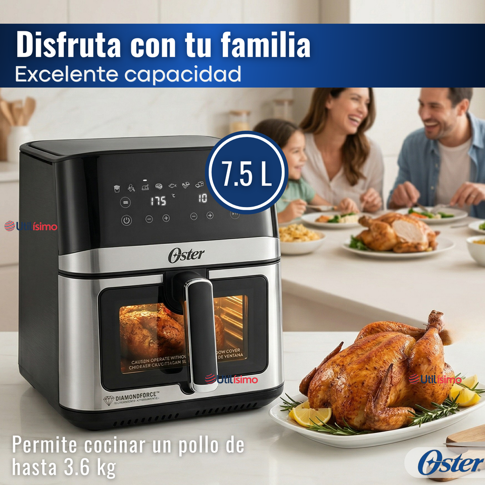 Freidora de aire digital Oster®, con recubrimiento Oster® DiamondForce, 7.5L de capacidad, CKSTAF75WDSSDF 1600W