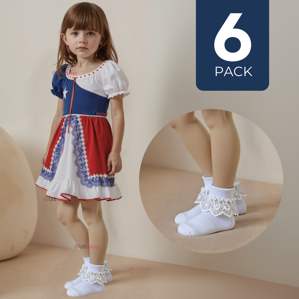 Pack 6 De Calcetines Con Vuelo Blanco Niña Algodón Fiestas Patrias De 3 Meses a 10 años