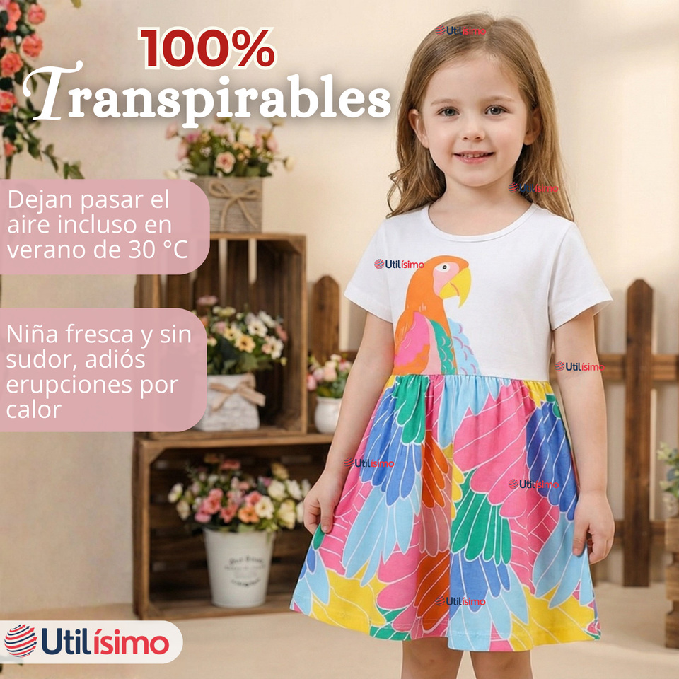 Vestido Manga Corta Casual Loro Multicolor Verano Niña 2 a 7 años