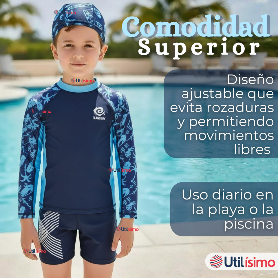 Traje de Baño Con Gorro Pantalón Corto Manga Larga 3 Piezas Corte Split Niño 2 a 8 años Blue