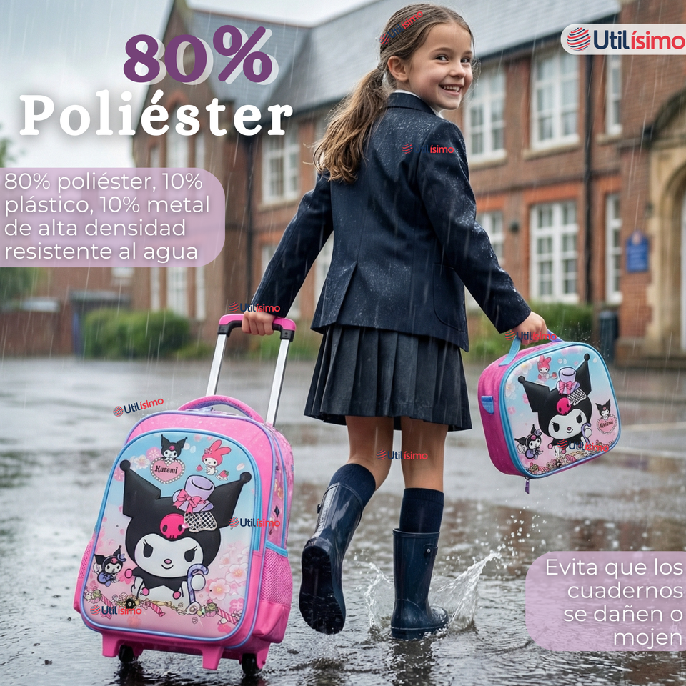 Mochila Escolar Kuromi 3D Con Ruedas Desmontable + Estuche + Lonchera Poliéster Rosa Niña