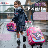Mochila Escolar Kuromi 3D Con Ruedas Desmontable + Estuche + Lonchera Poliéster Rosa Niña