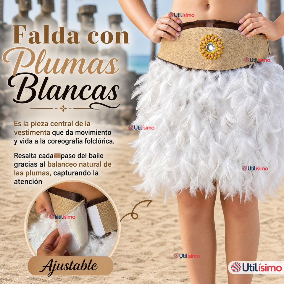 Traje Pascuense Típico Blanco Con Plumas 3 Piezas Juvenil Rapa Nui Fiestas Patrias
