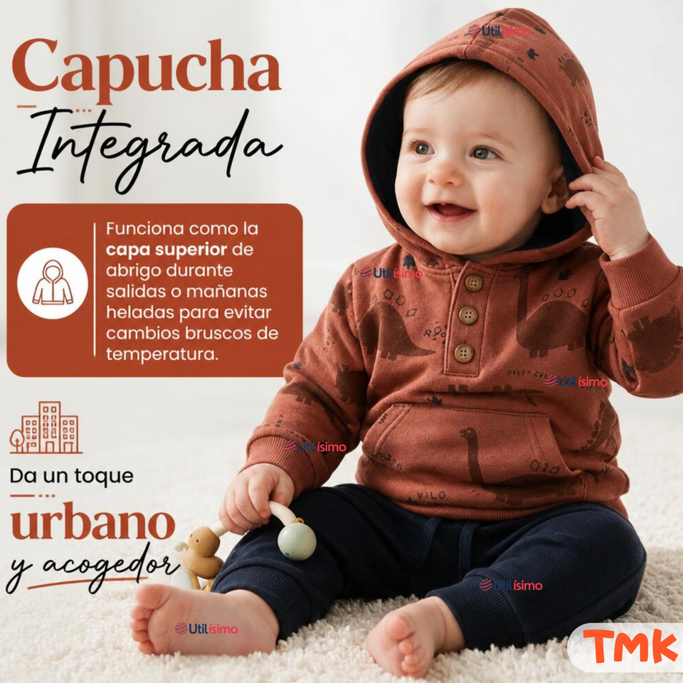 Conjunto 2 Piezas Polerón con Capucha y Pantalón 100% Algodón Bebé Niño Brown Dinosaur