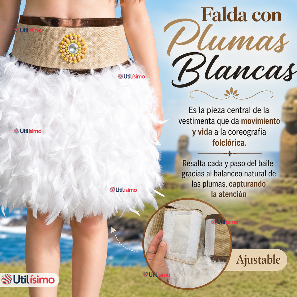 Traje Pascuense Típico Blanco Con Plumas 3 Piezas Niña Rapa Nui Fiestas Patrias