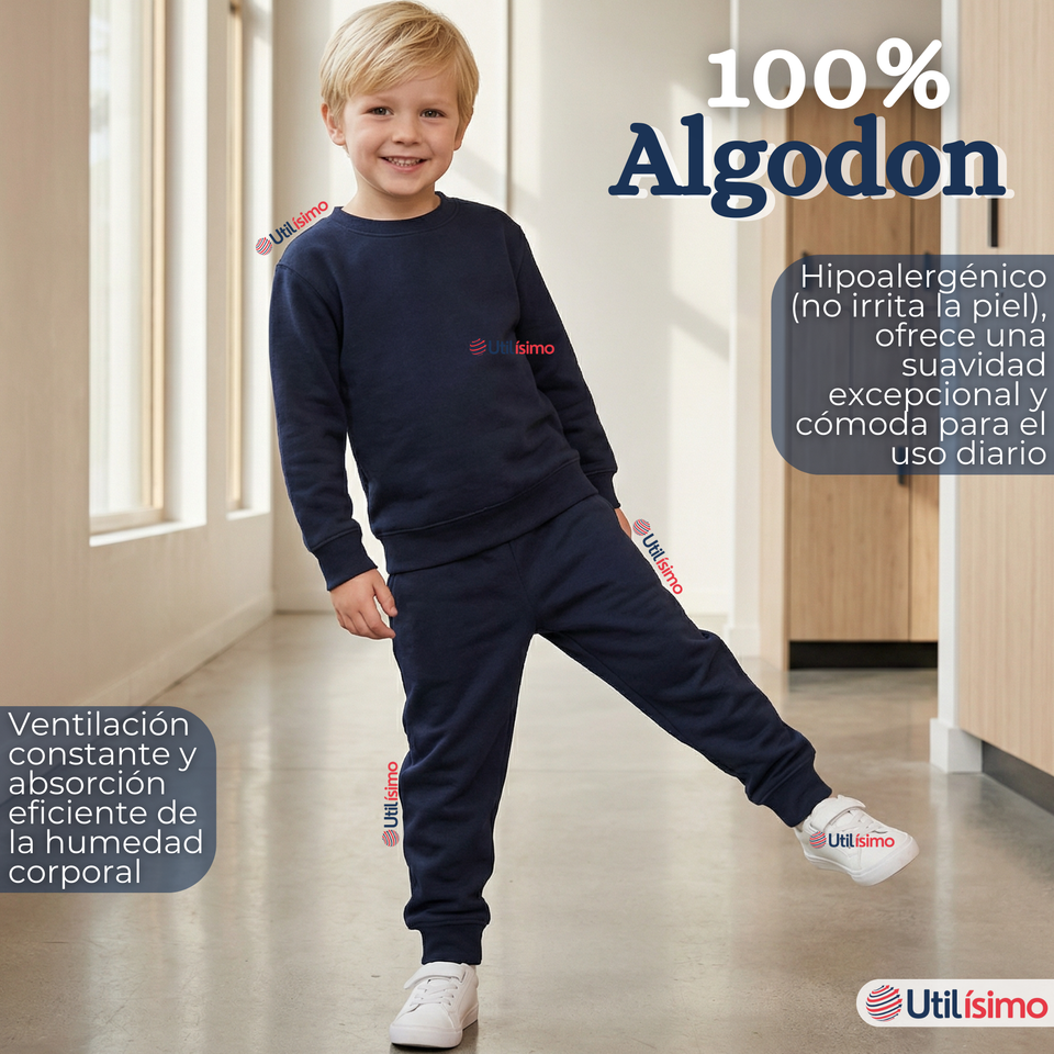 Pack 3 Buzos Pantalones Escolares Niño Unisex 100% Algodón Azul Bota Acanalada 3 a 16 años