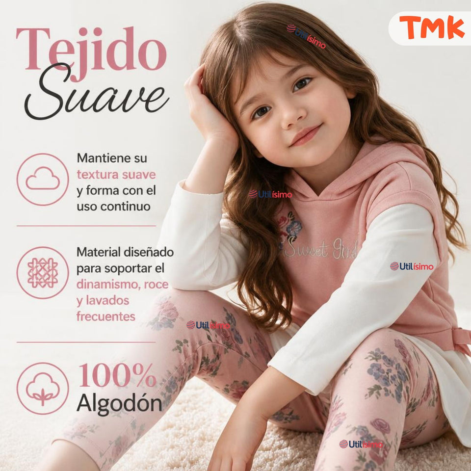 Conjunto 2 Piezas Polerón con Capucha y Pantalón 100% Algodón Niña Tedmimak Sweet flowers
