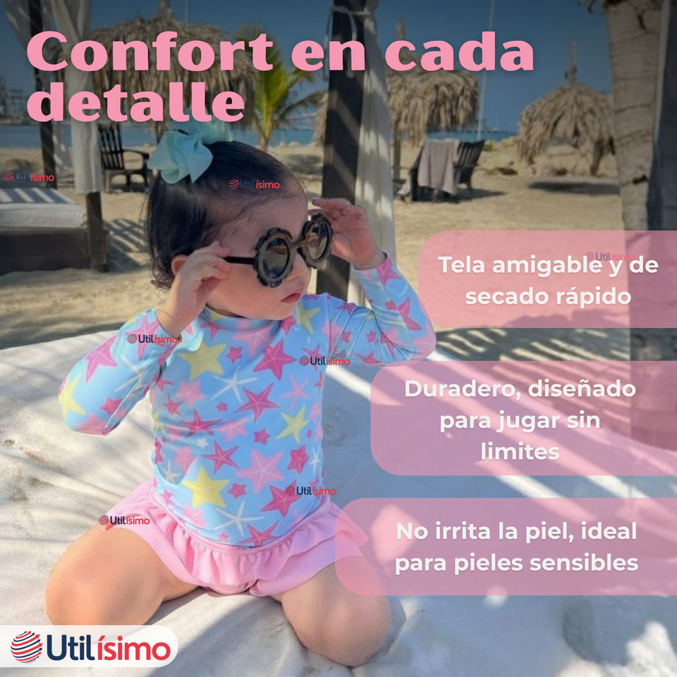 Traje De Baño Manga Larga Con Pantalón Corto y Falda 2 Piezas Niña de 2 a 7 años Starfish