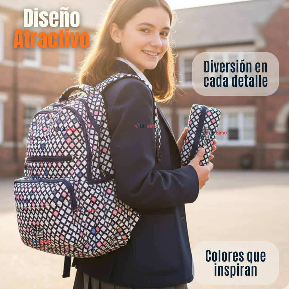 Mochila Escolar Con Estuche 46cm Poliéster Impermeable Niña Juvenil