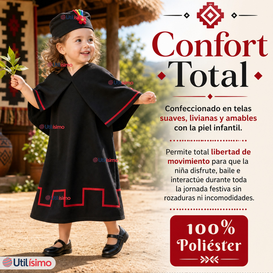 Pack 3 Trajes Típicos Vestidos Mapuche 9 Piezas Niña Fechas Patrias