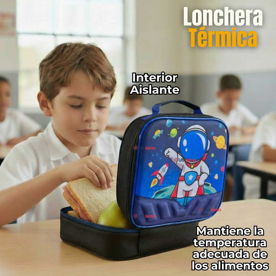 Mochila Escolar Con Ruedas + Estuche + Lonchera Poliéster Astronauta Niño