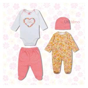 Set 4 Piezas Ajuar Niña Corazón Rosado Tedmimak 100% Algodón