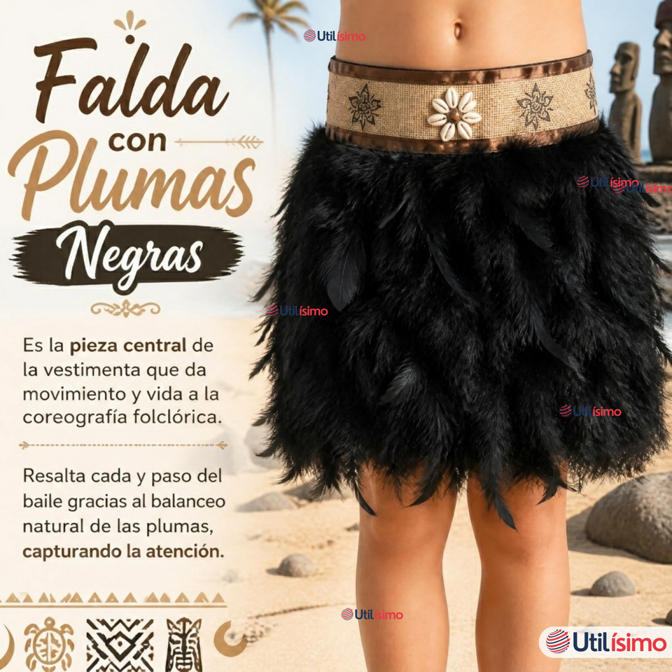 Traje Pascuense Típico Negro Con Plumas 3 Piezas Niña Rapa Nui Fiestas Patrias
