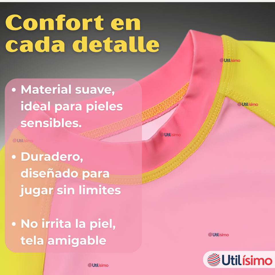 Traje De Baño Manga Larga y Pantalón Corto 2 Piezas Niña de 3 a 9 Años Pink Penguin