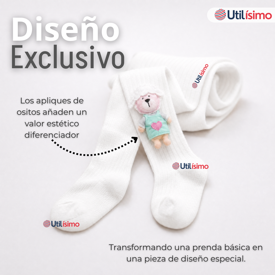 Panty 3D Osito Blanco Tejida Niña Ballerina 78% Algodón Premium