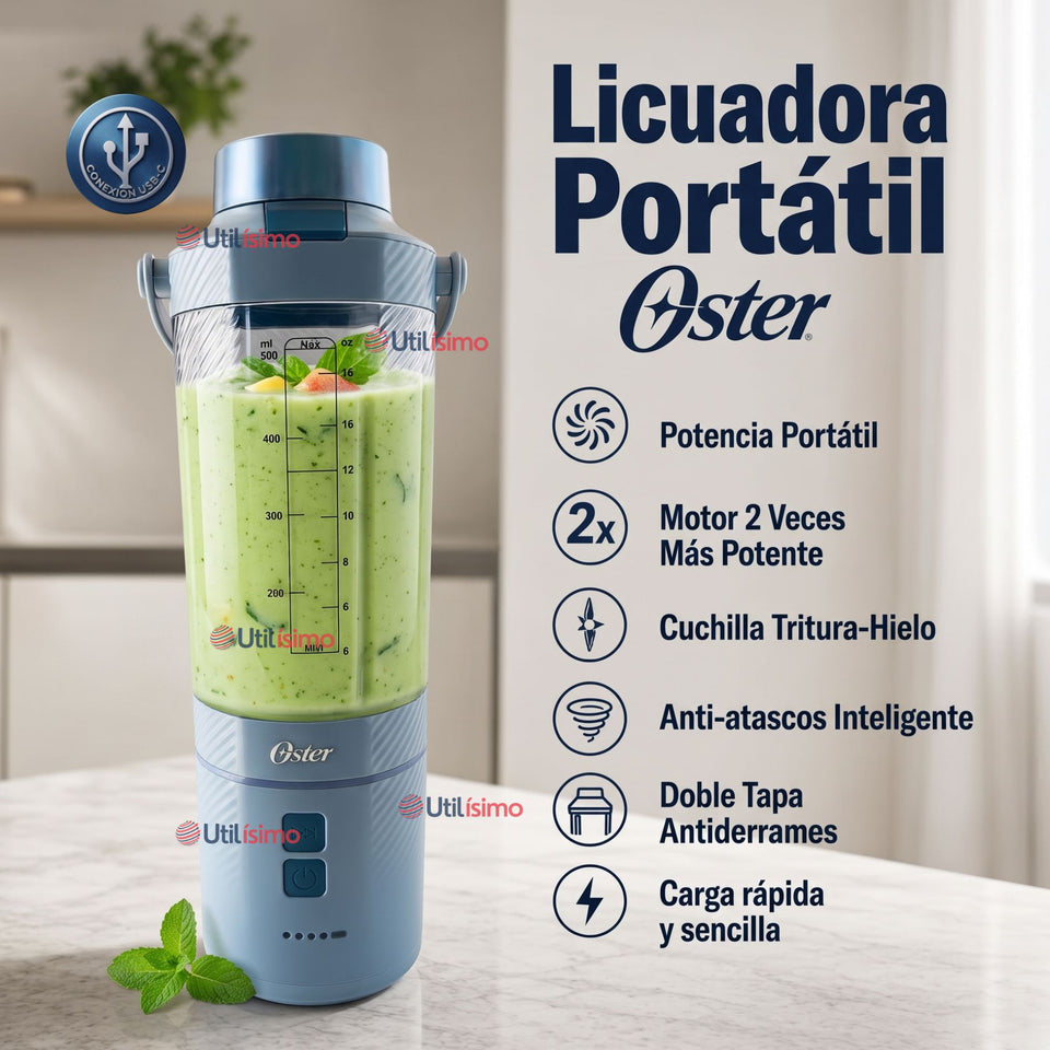 Oster Licuadora Portátil, GoMAX, 590 ml de Capacidad, para Smoothies, Azul, BLSTGFP-MH20-000