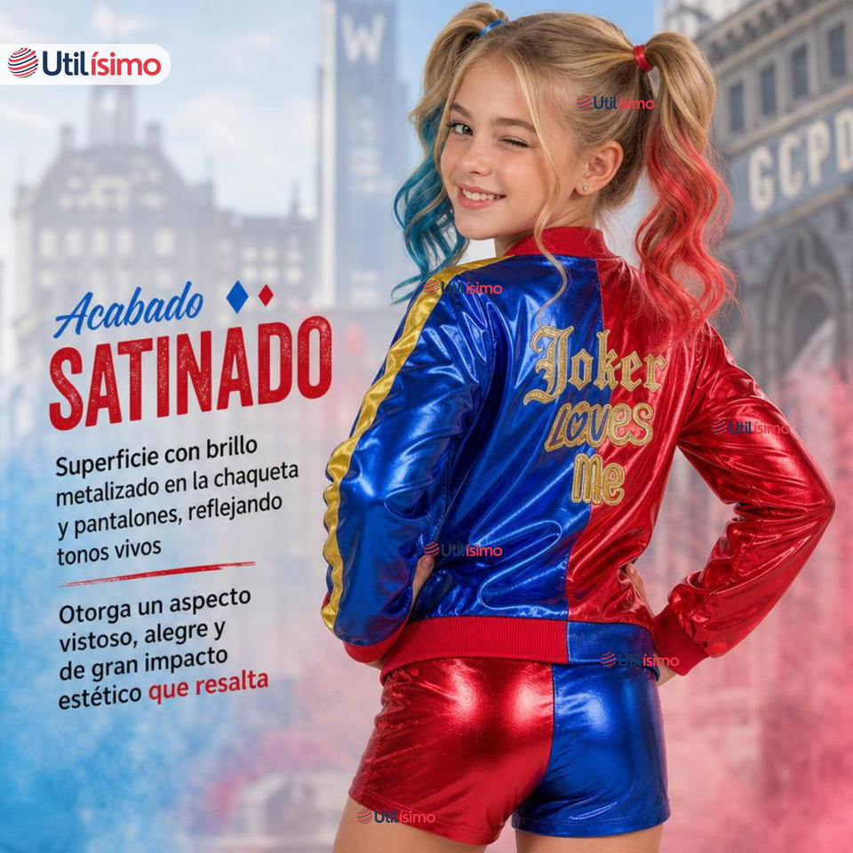 Disfraz Harley Quinn Azul y Rojo Metalizado Cosplay Juvenil