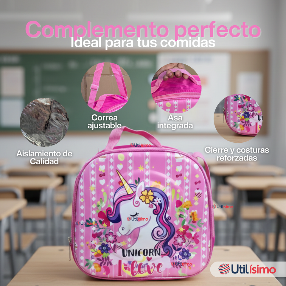 Mochila Bolso Escolar Diseño 3D + Estuche + Lonchera 40Cm Niña Tela Oxford Unicorn Love