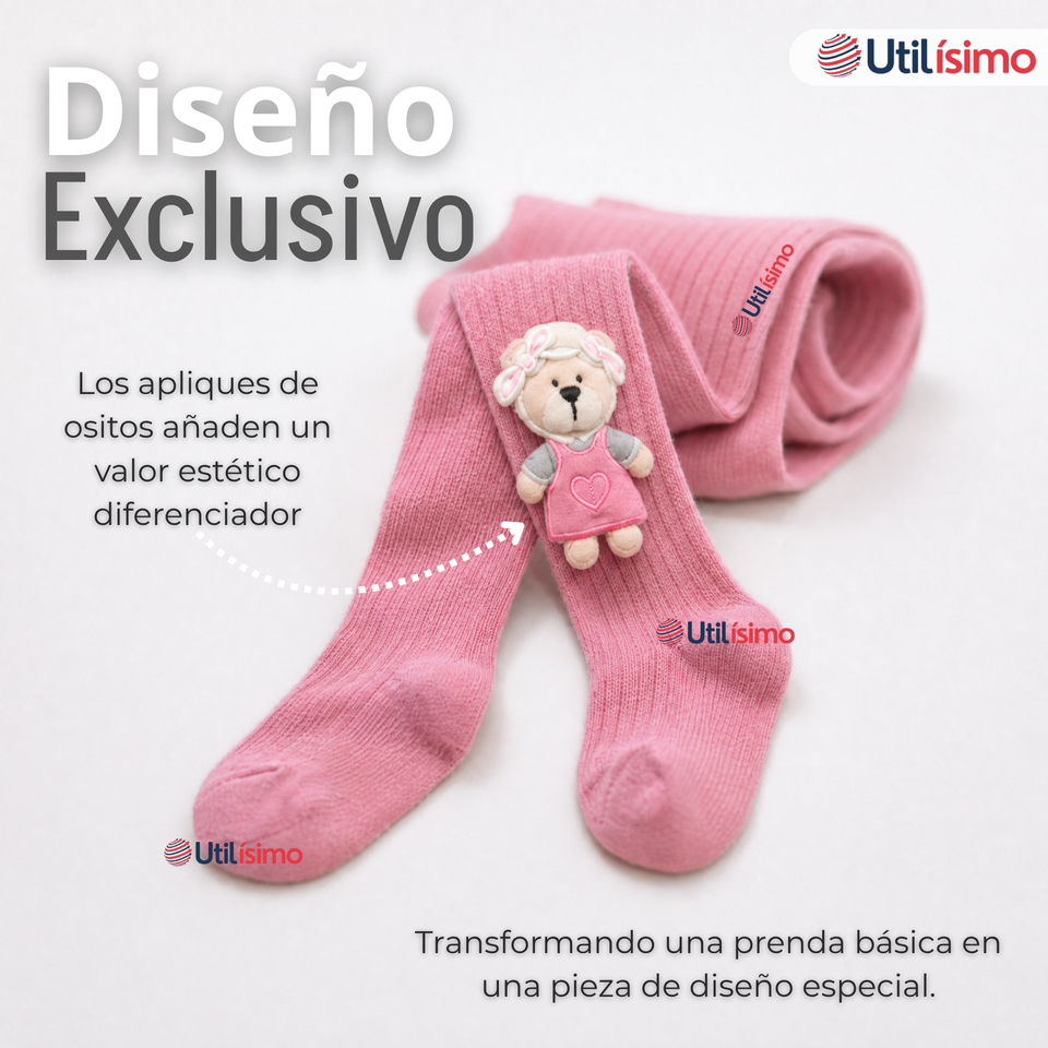 Panty 3D Osito Rosado Tejida Niña Ballerina 78% Algodón Premium