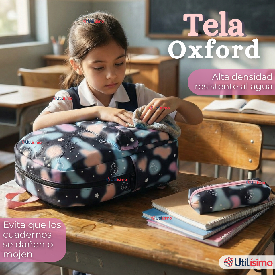 Mochila Escolar + Estuche + Lonchera 43cm Tela Oxford Azul Celeste Niña
