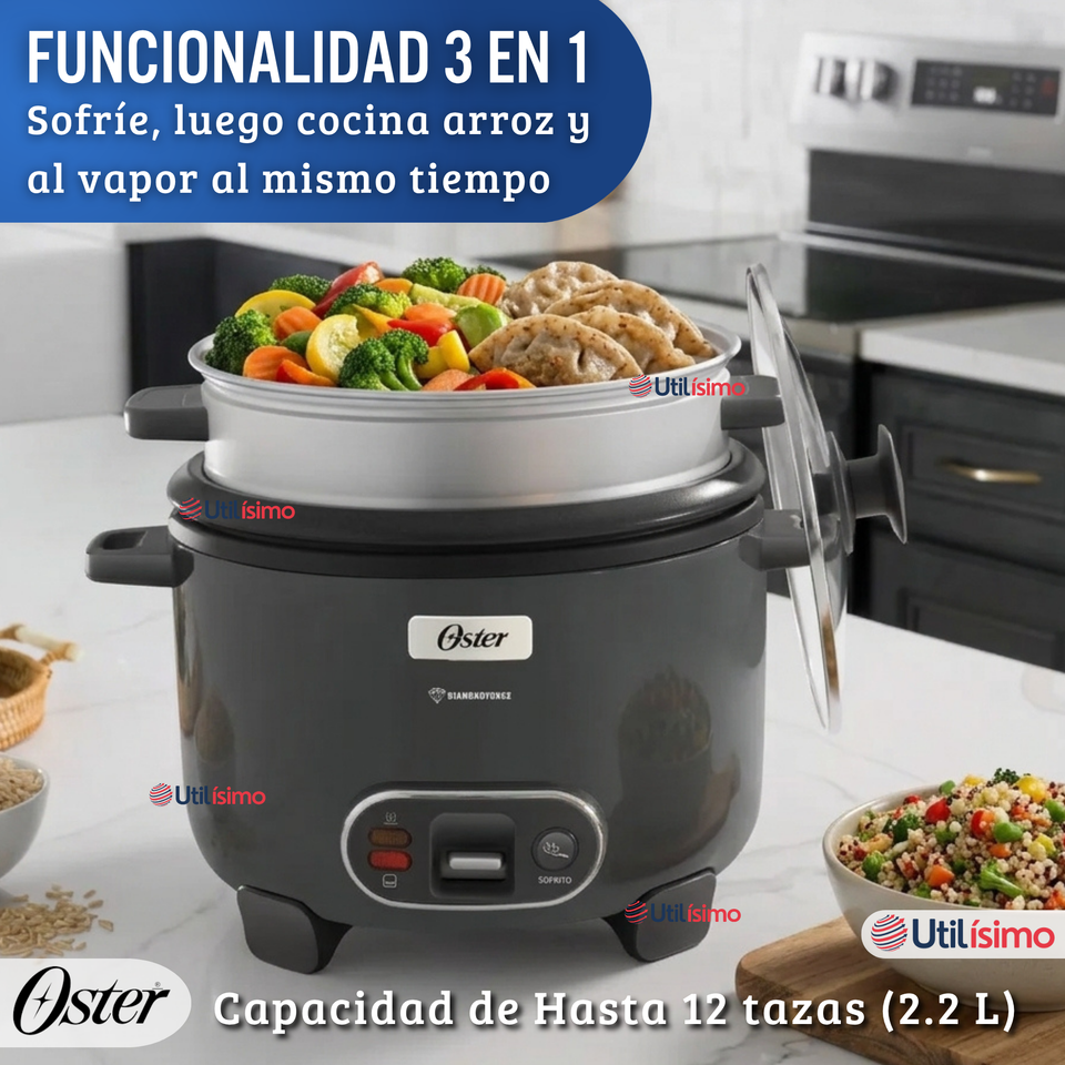 Oster Arrocera, 3 En 1, 12 Tazas Capacidad, Función Sofrito, Vaporera, Recubrimiento Antiadherente Oster DiamondForce,
