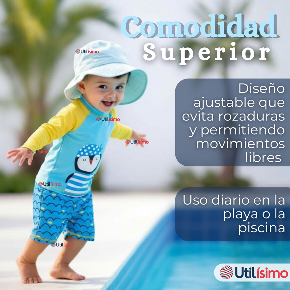 Traje de Baño Manga Larga Pantalón Corto 2 Piezas Corte Split Niño 3 a 9 años Blue Penguin