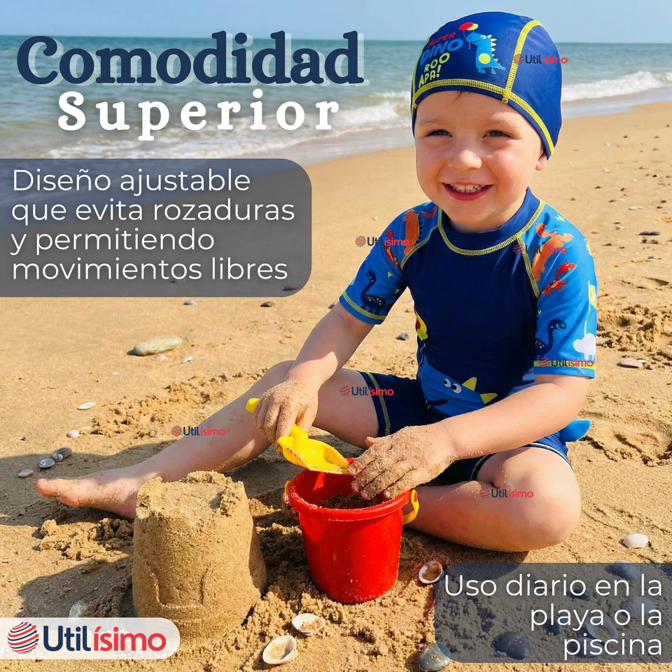 Traje de Baño Enterito Cremallera Manga Corta Con Gorro Niño 2 a 4 años Blue Dinosaur