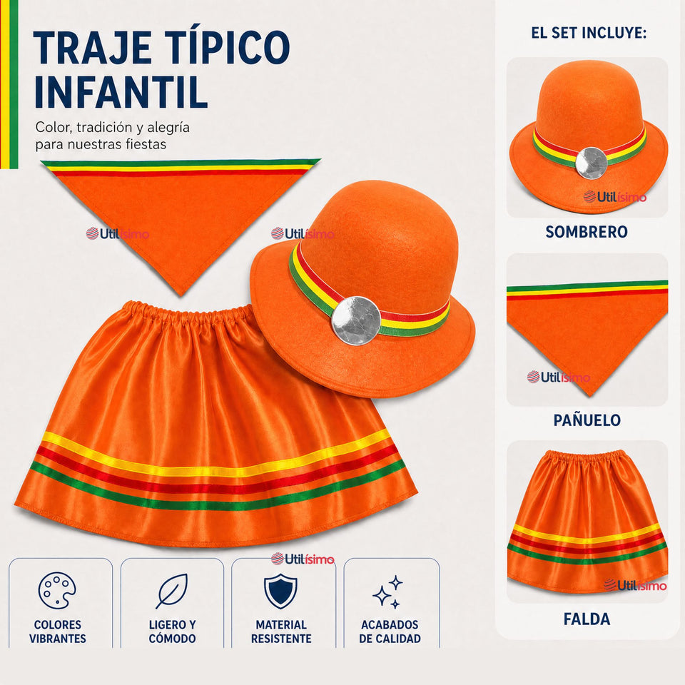 Traje Nortino Niña 3 piezas Naranja Baile Típico Fiestas Patrias