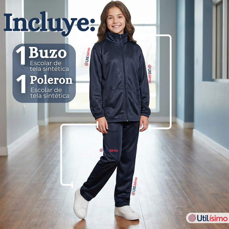 Conjunto Escolar Buzo Pantalón Y Polerón Tela Sintética Niño Unisex Azul 3 a 16 años