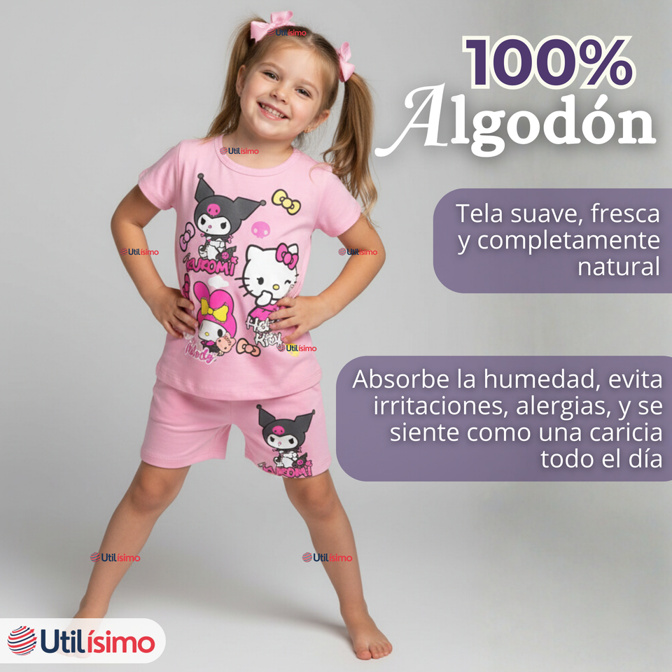Conjunto Sanrio 100% Algodón Polera Pantalón Corto Niña Kuromi Hello Kitty My Melody