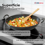 Wok Chino Acero Inoxidable Antiadherente 34cm+ Cuchara de Madera de Bambú