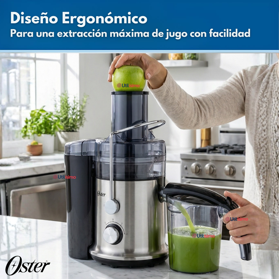 Oster® Extractor de Jugos, con 2 Velocidades + Pulso, y Fácil de Limpiar, Negro y Plateado, FPSTJE320S
