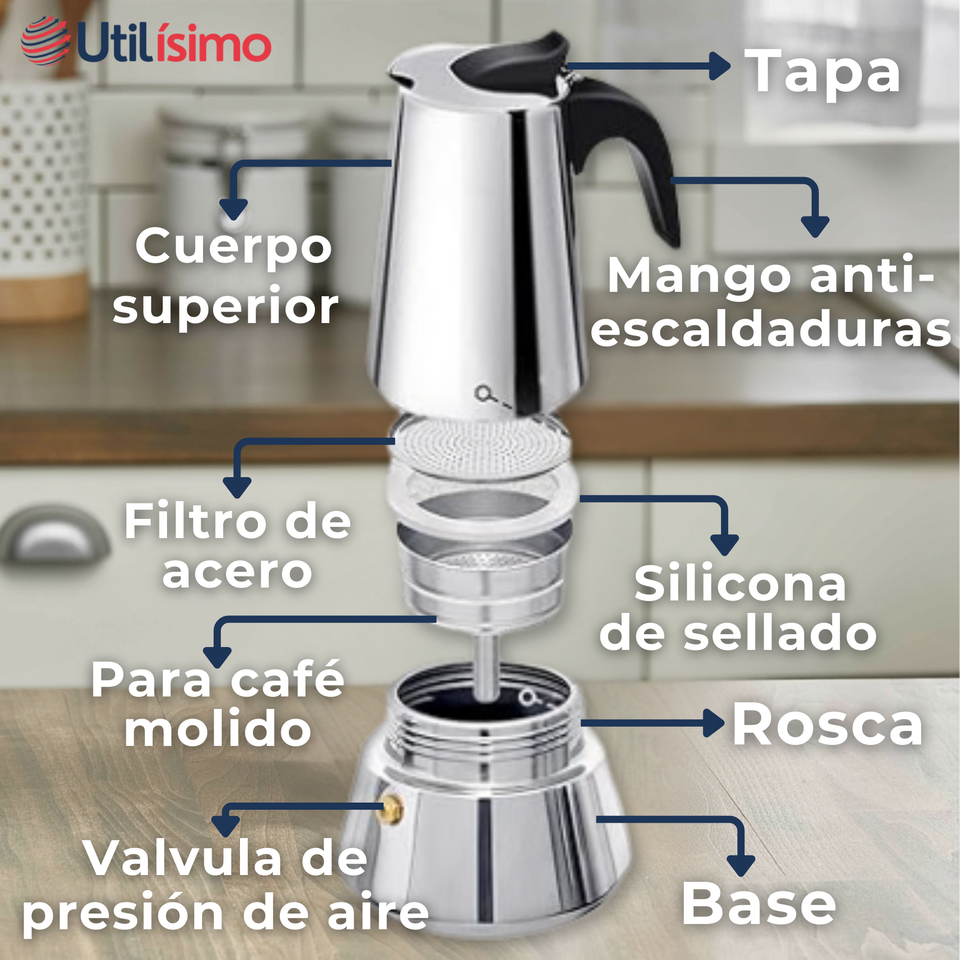 Cafetera Italiana Expresso 500ml 6 Tazas Acero Inoxidable Plateado