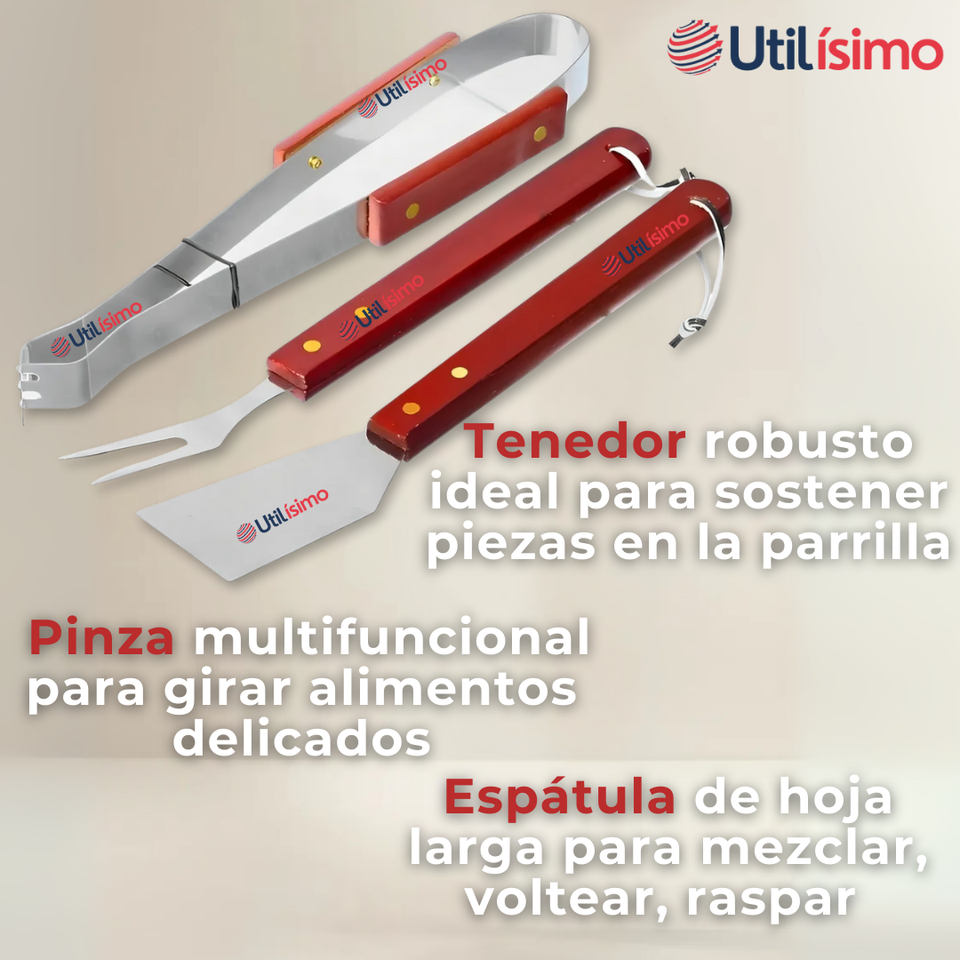 Kit Parrillero 3 Piezas Pinza Espátula Tenedor Para Asados Mango Madera Acero Inoxidable