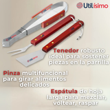 Kit Parrillero 3 Piezas Pinza Espátula Tenedor Para Asados Mango Madera Acero Inoxidable