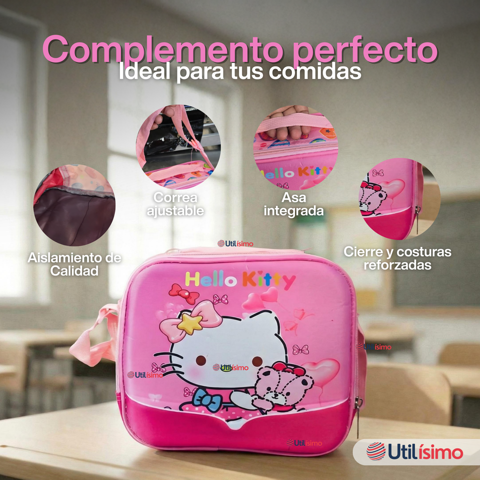 Mochila Escolar Hello Kitty Teddy Con Ruedas Desmontables + Estuche + Lonchera Niña Poliéster
