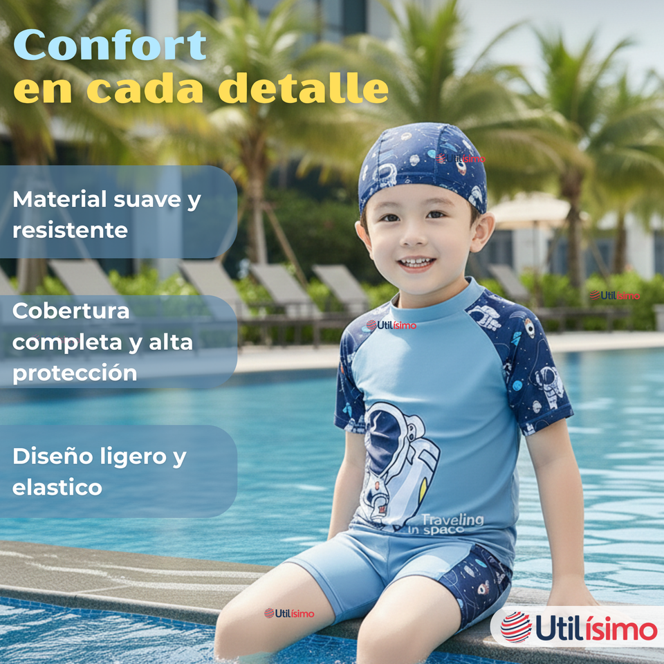 Traje De Baño 2 Piezas Con Gorro Niño 4 a 14 Años Protección Completa Astronaut