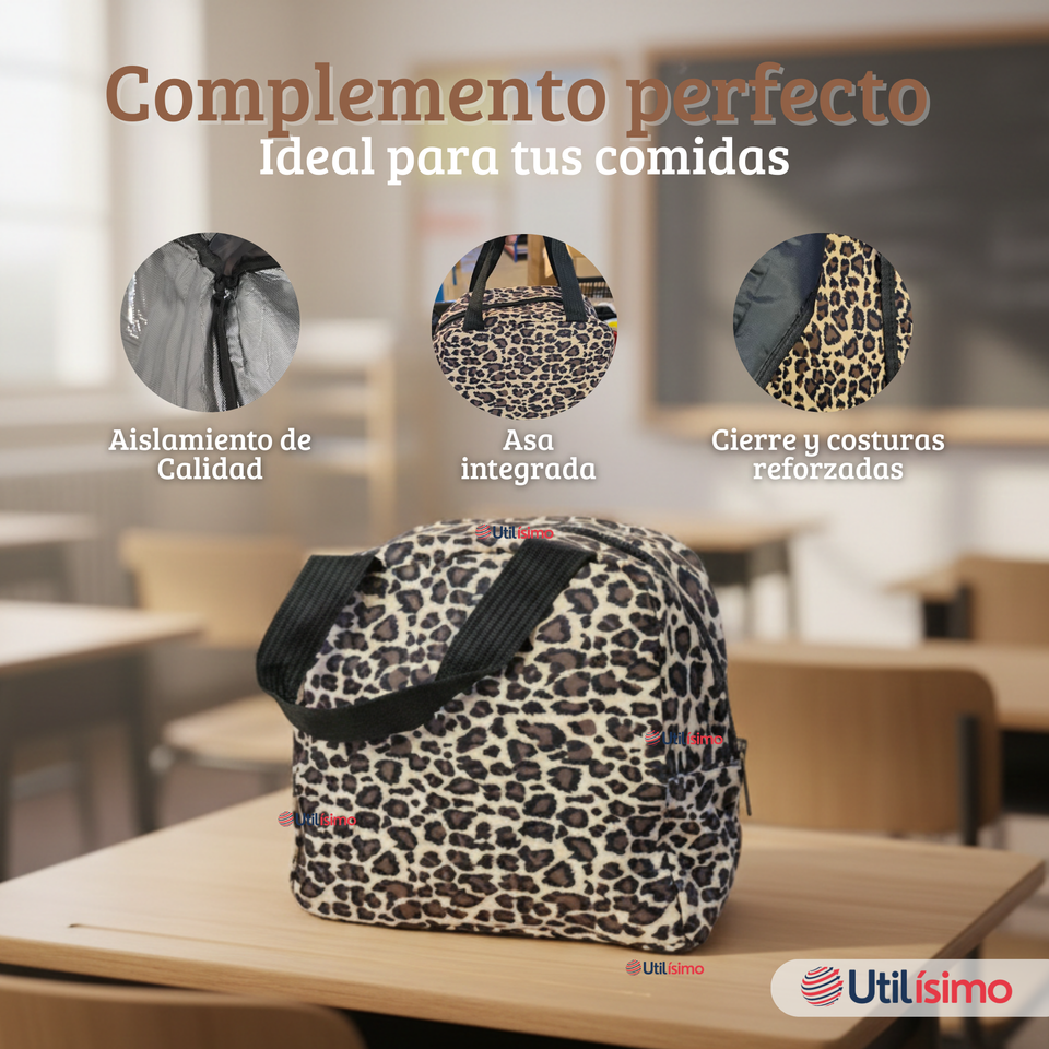 Mochila Bolso Animal Print Con Estampado De Leopardo + Lonchera + Estuche Escolar Niña 42Cm