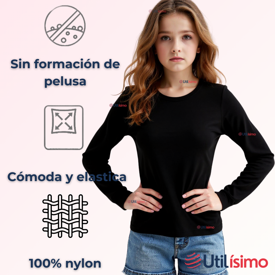Camiseta De Panty Elástica Transpirable Manga Larga Segunda Piel Niña Nylon Negro
