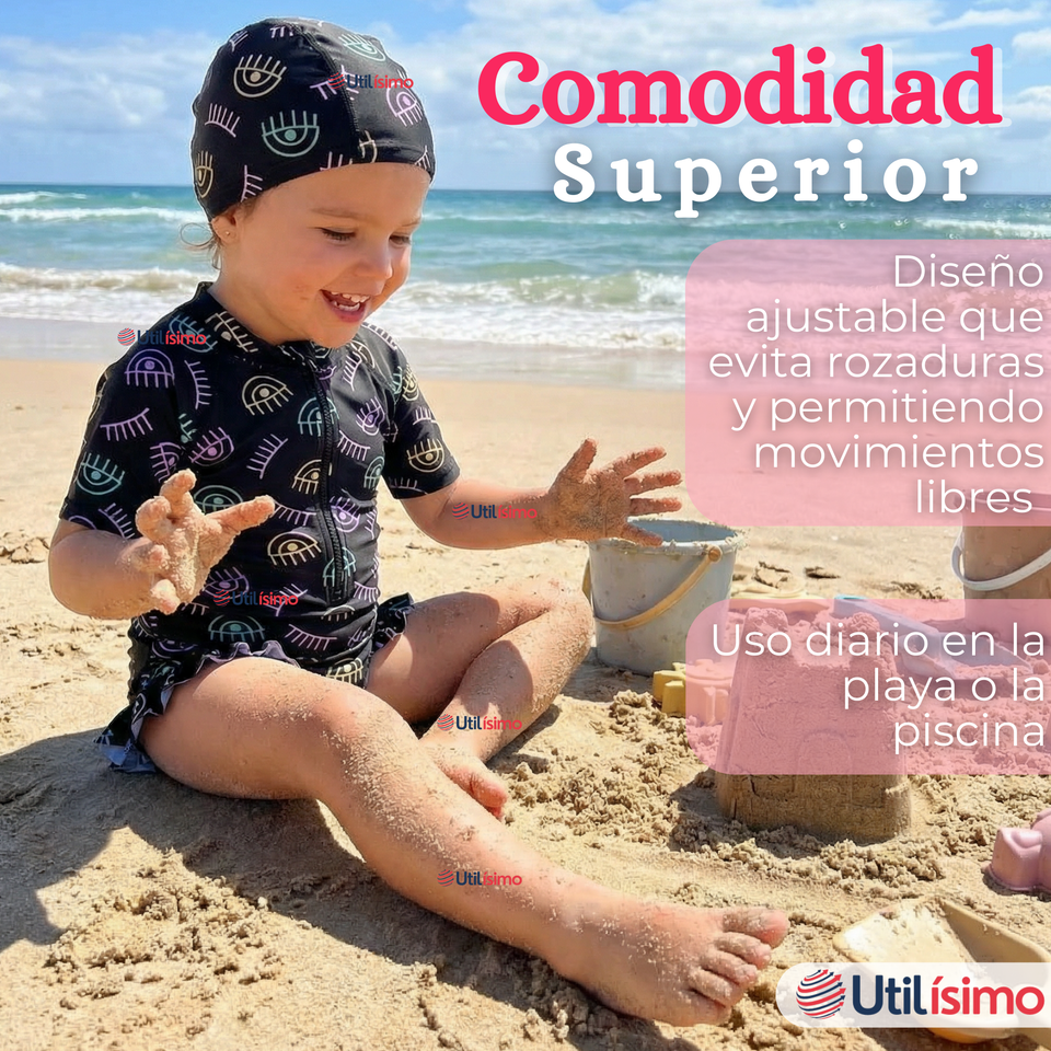 Traje de Baño Enterito Cremallera Manga Larga Con Gorro Niña 1 a 6 años Black