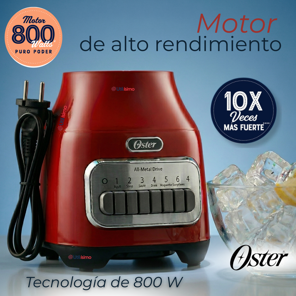 Licuadora Oster® con vaso de vidrio y 6 velocidades más pulso 800 Watts 1,5Litros