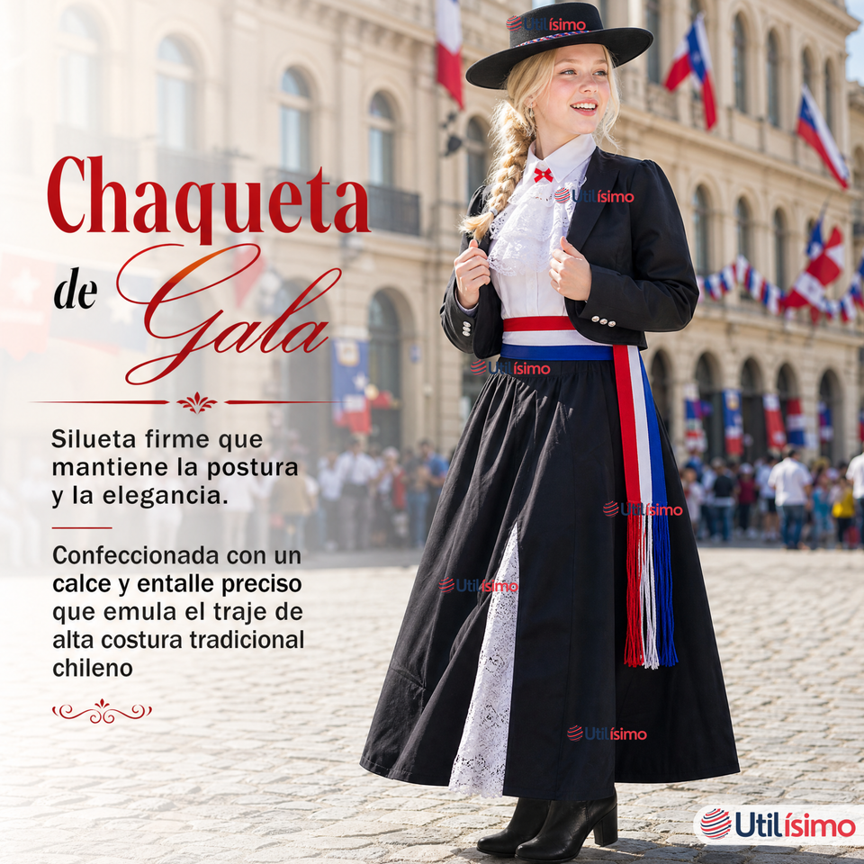 Traje Huasa Elegante Negro Juvenil Conjunto 7 Piezas Tipico Fiestas Patrias