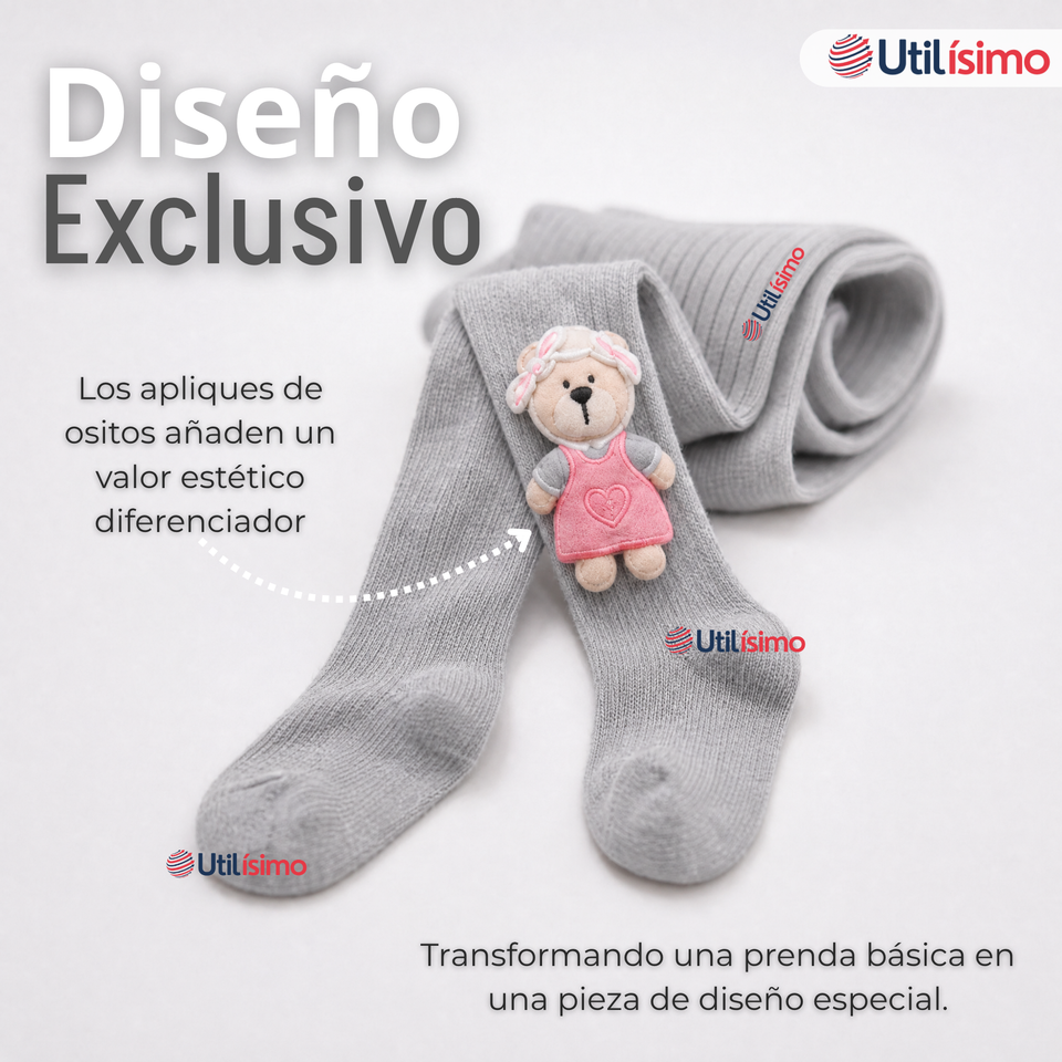 Panty 3D Osito Gris Tejida Niña Ballerina 78% Algodón Premium