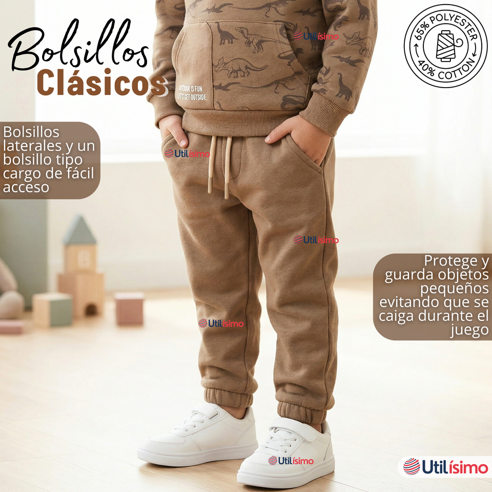 Conjunto 2 Piezas Buzo Pantalón Y Polerón Con Capucha Beige Dinosaurio Niño