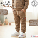 Conjunto 2 Piezas Buzo Pantalón Y Polerón Con Capucha Beige Dinosaurio Niño