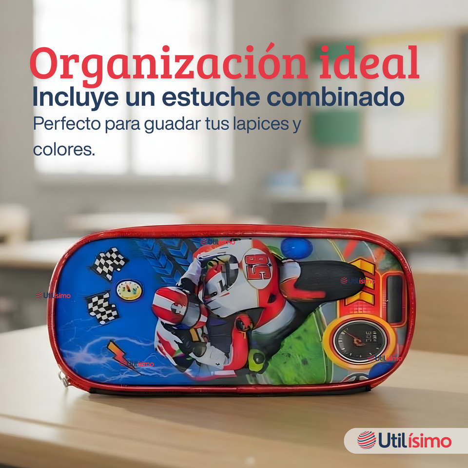 Mochila Escolar Con Ruedas Desmontables Diseño 3D + Estuche + Lonchera Niño Poliéster Motorcycle