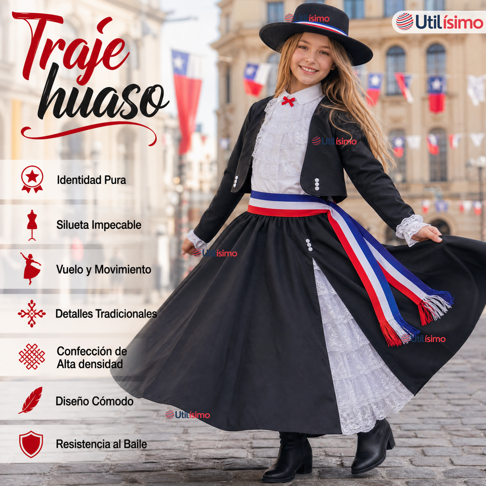 Traje Huasa Elegante NIña Conjunto 7 Piezas Tipico Fiestas Patrias