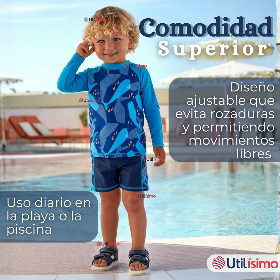 Traje de Baño Manga Larga Pantalón Corto 2 Piezas Corte Split Niño 3 a 9 años Blue