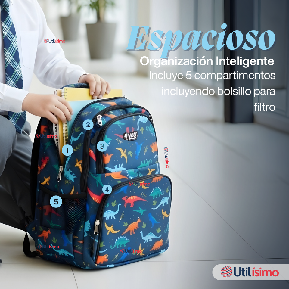 Mochila Bolso Escolar + Lonchera + Estuche 45Cm Niño Tela Oxford Dinosaur