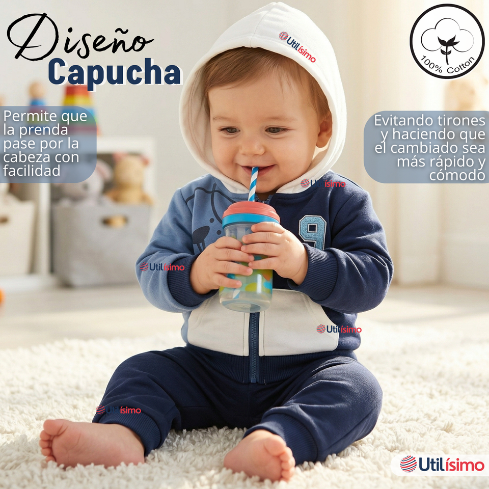 Conjunto 2 Piezas Buzo Pantalón Y Polerón Con Capucha De Algodón Azul Bebé Niño